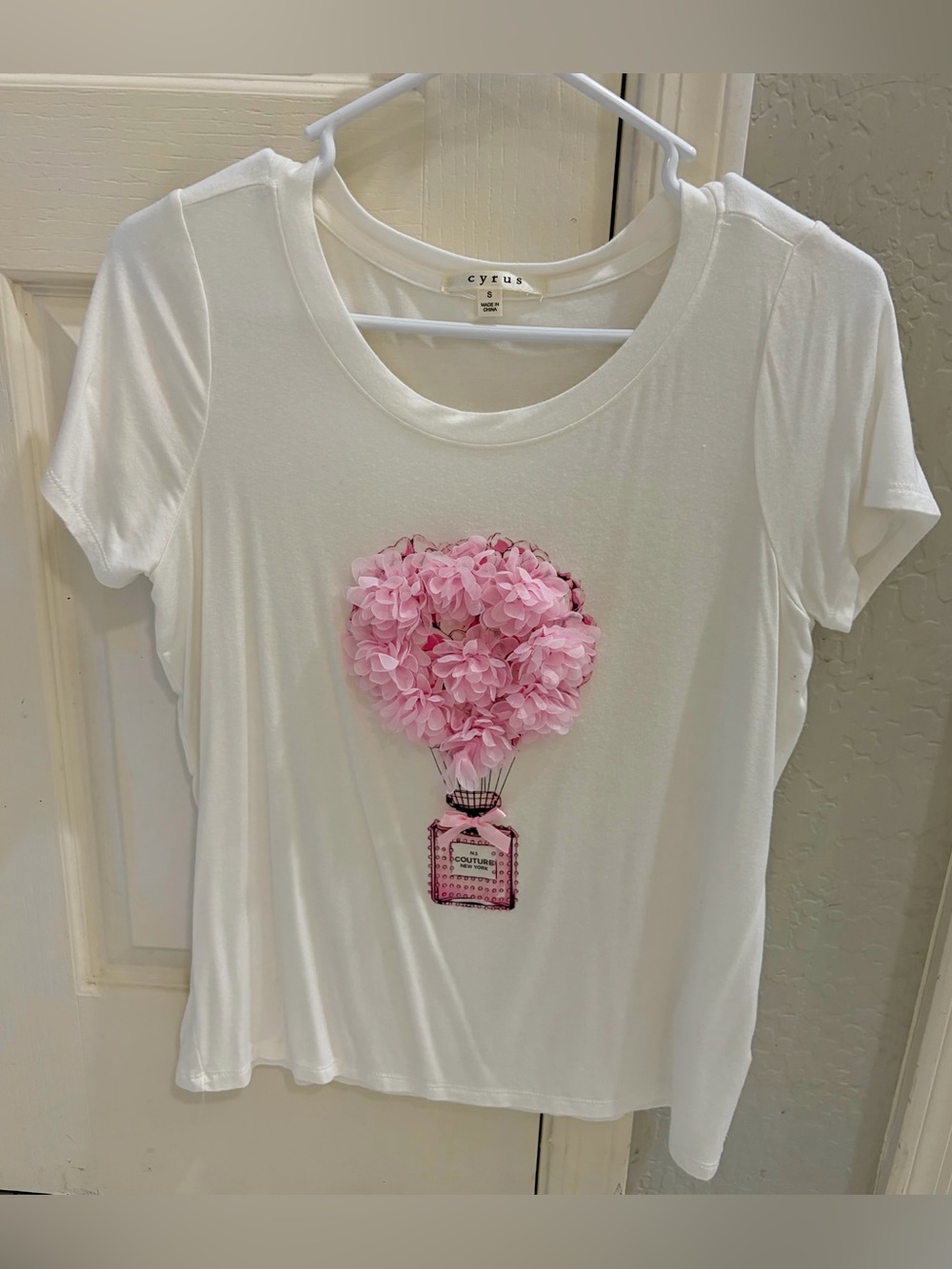 Cyrus White Tee with Pink Floral Perfume Graphic S